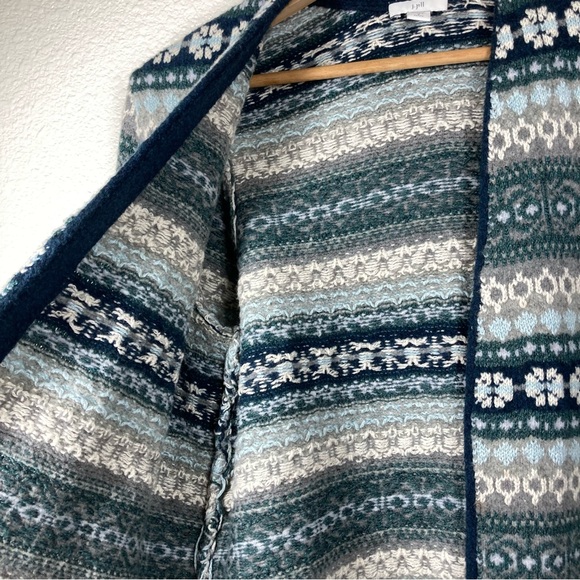 J. Jill Long Cardigan Fair Isle Patch Pocket Open Front Duster Small Petite Blue - Picture 8 of 16